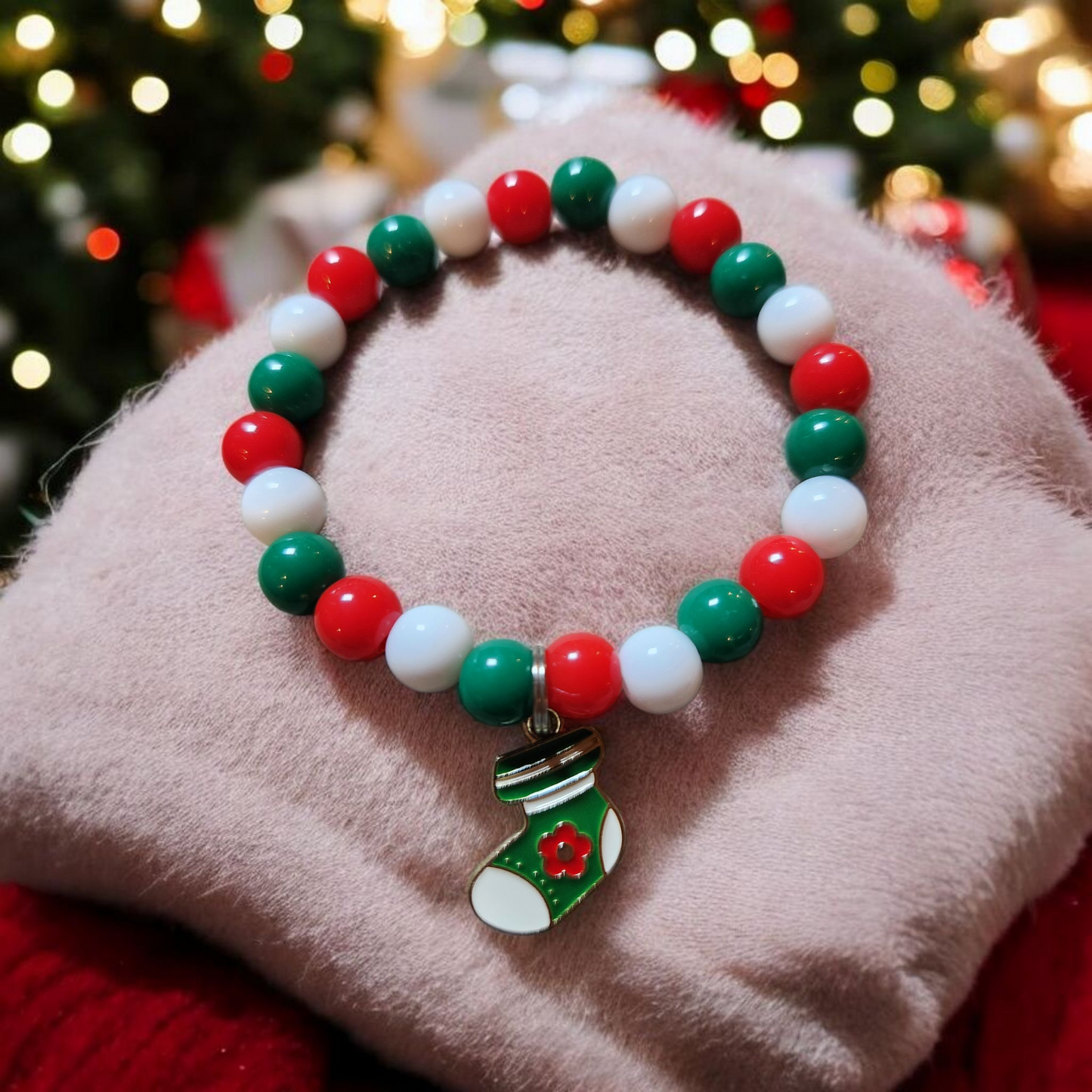 White, Red And Green Beaded Bracelet With Green Christmas Stocking Charm