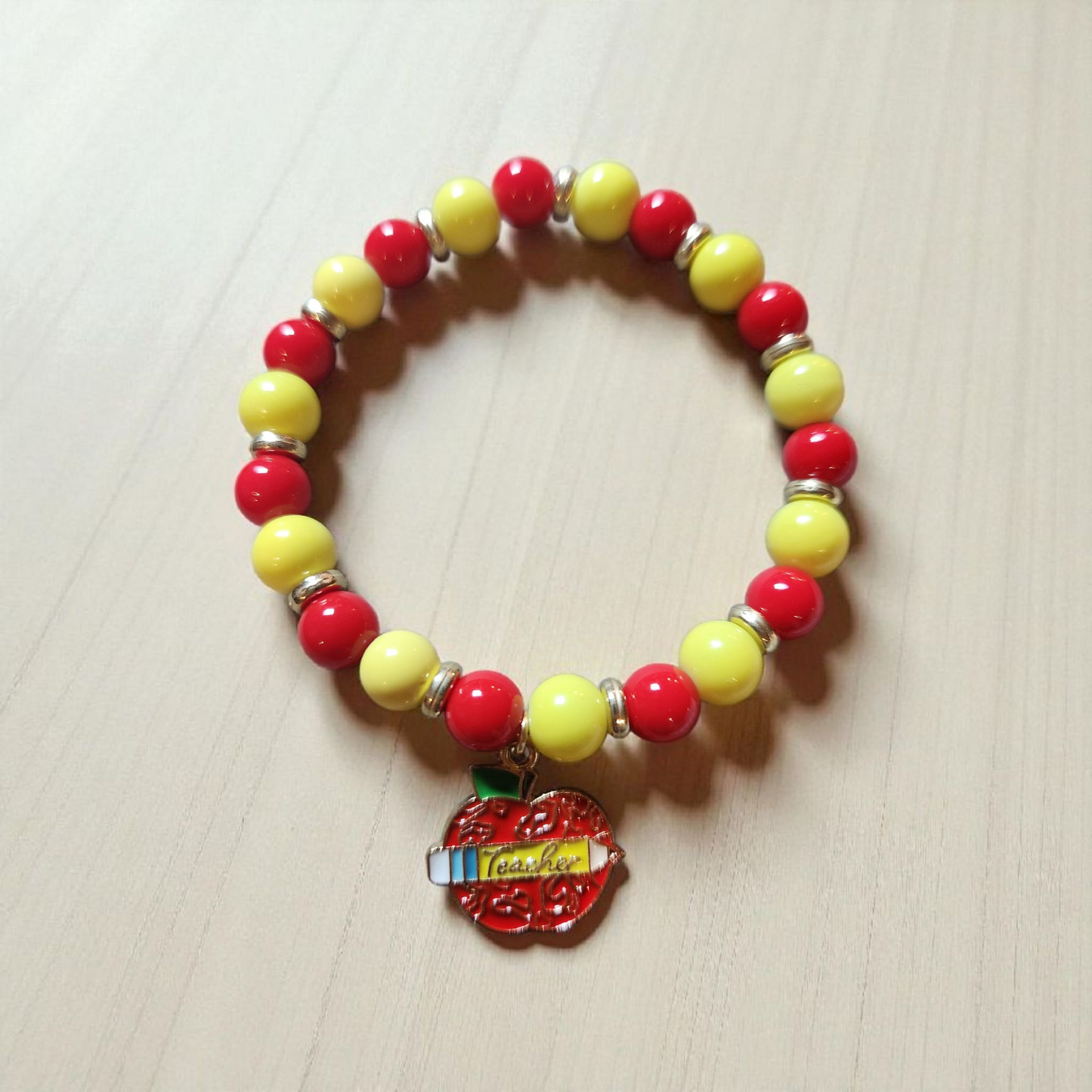 Yellow And Red Apple Charm Teacher Beaded Bracelet