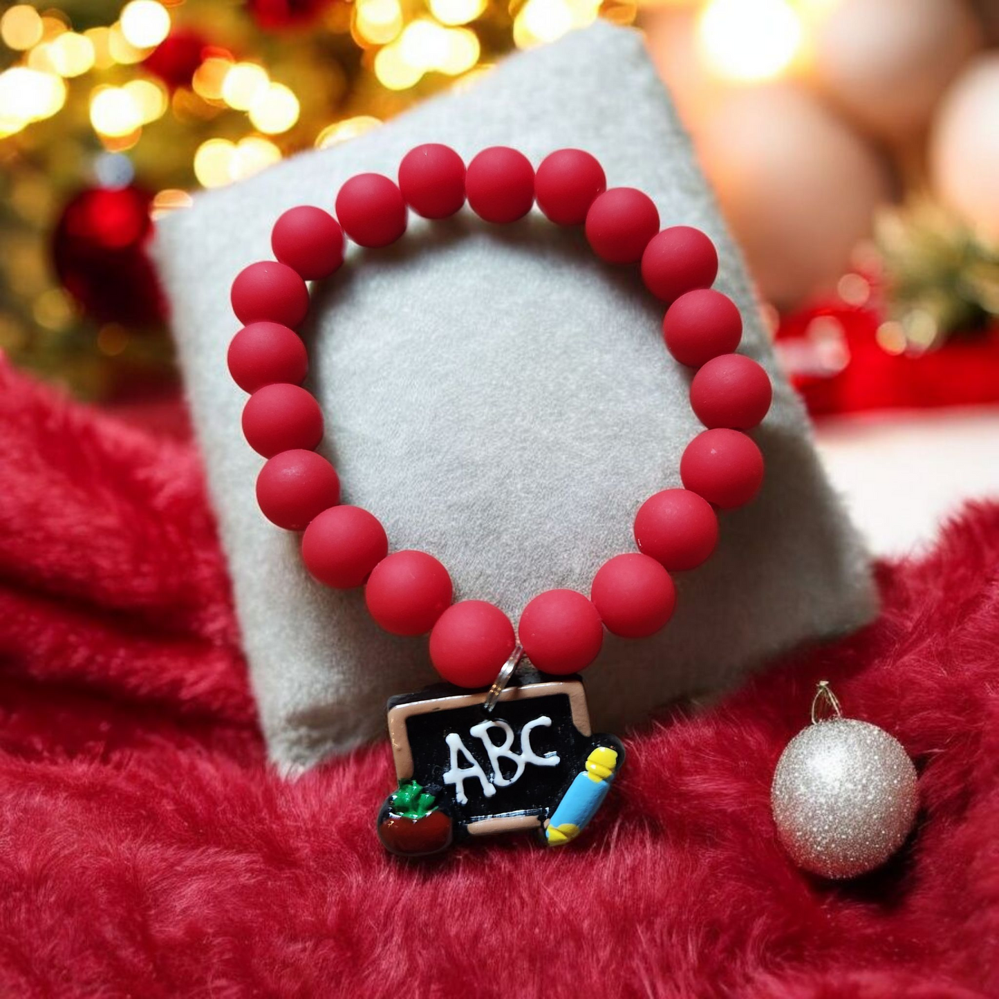 Red Beaded Bracelet with Teacher ABC Charm_2