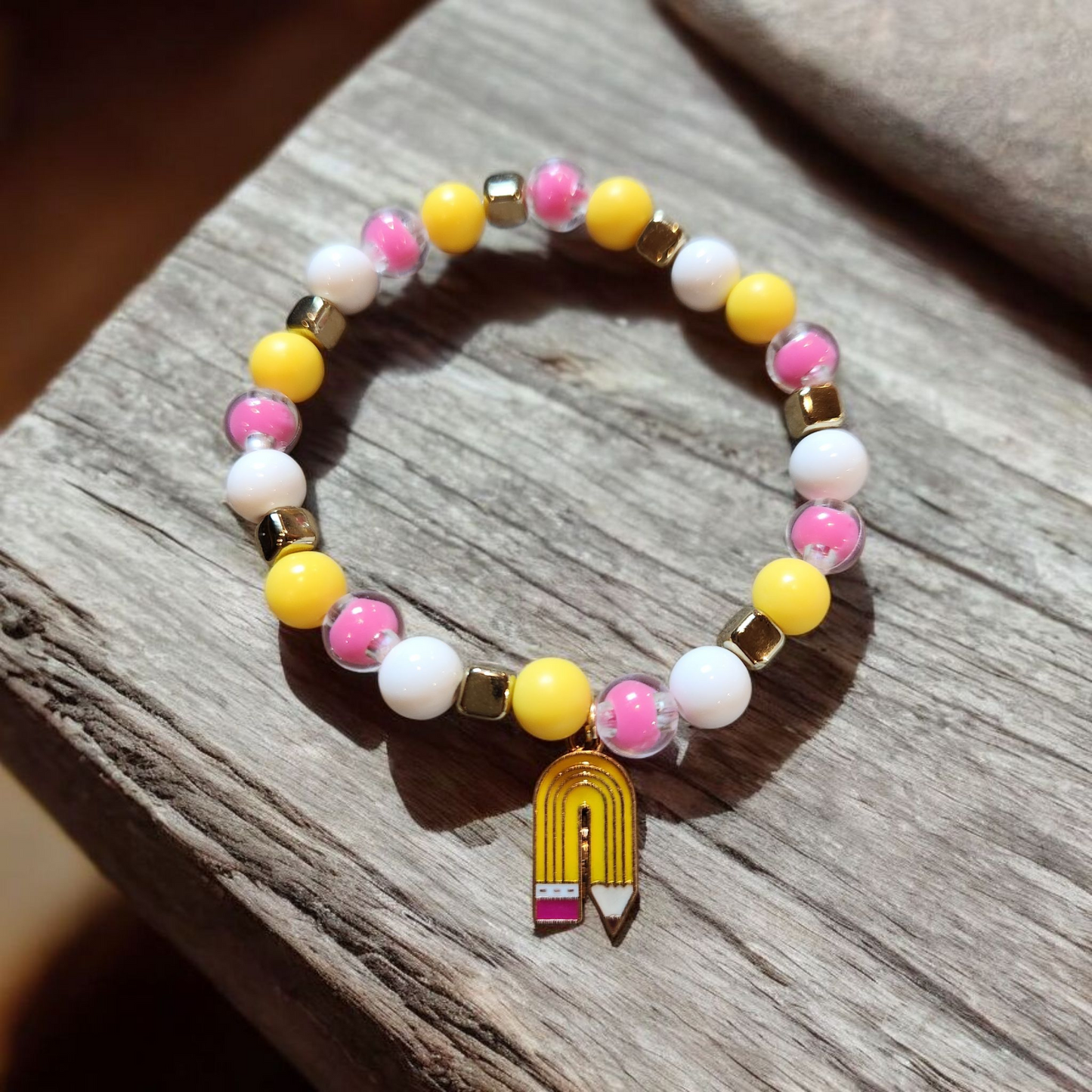 White, Pink And Yellow Pencil Rainbow Charm