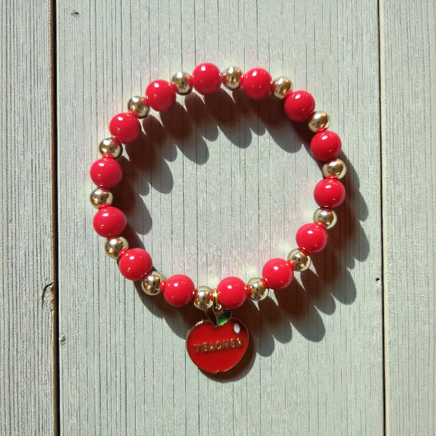 Red And Gold Apple Charm Teacher Beaded Bracelet