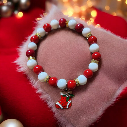 Red And White With Red Stocking Christmas Bracelet