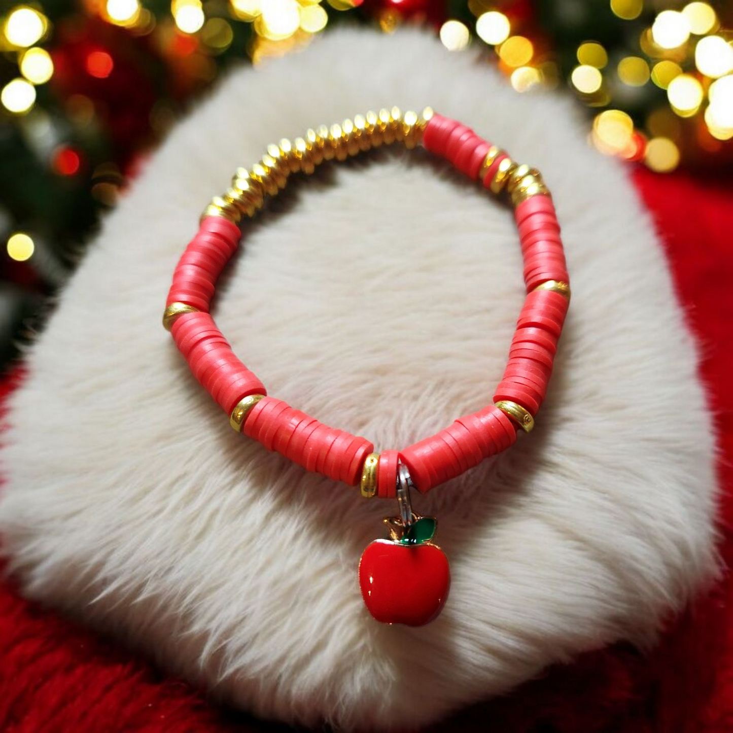 Red And Gold Clay Bead Bracelet With Apple Charm