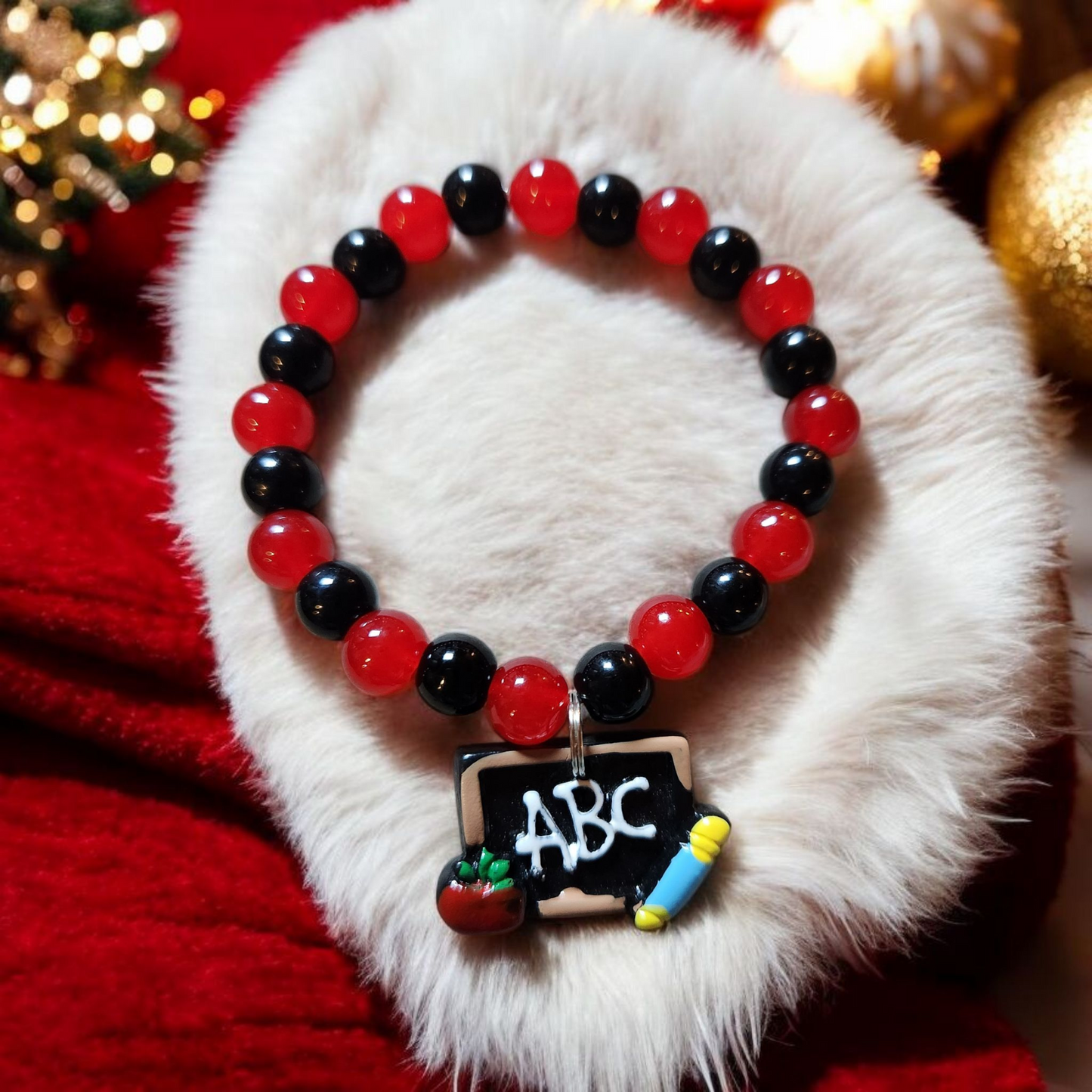 Red And Black Beaded Bracelet With ABC Teacher Charm