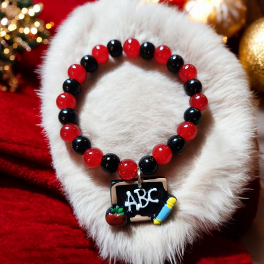 Red And Black Beaded Bracelet With ABC Teacher Charm