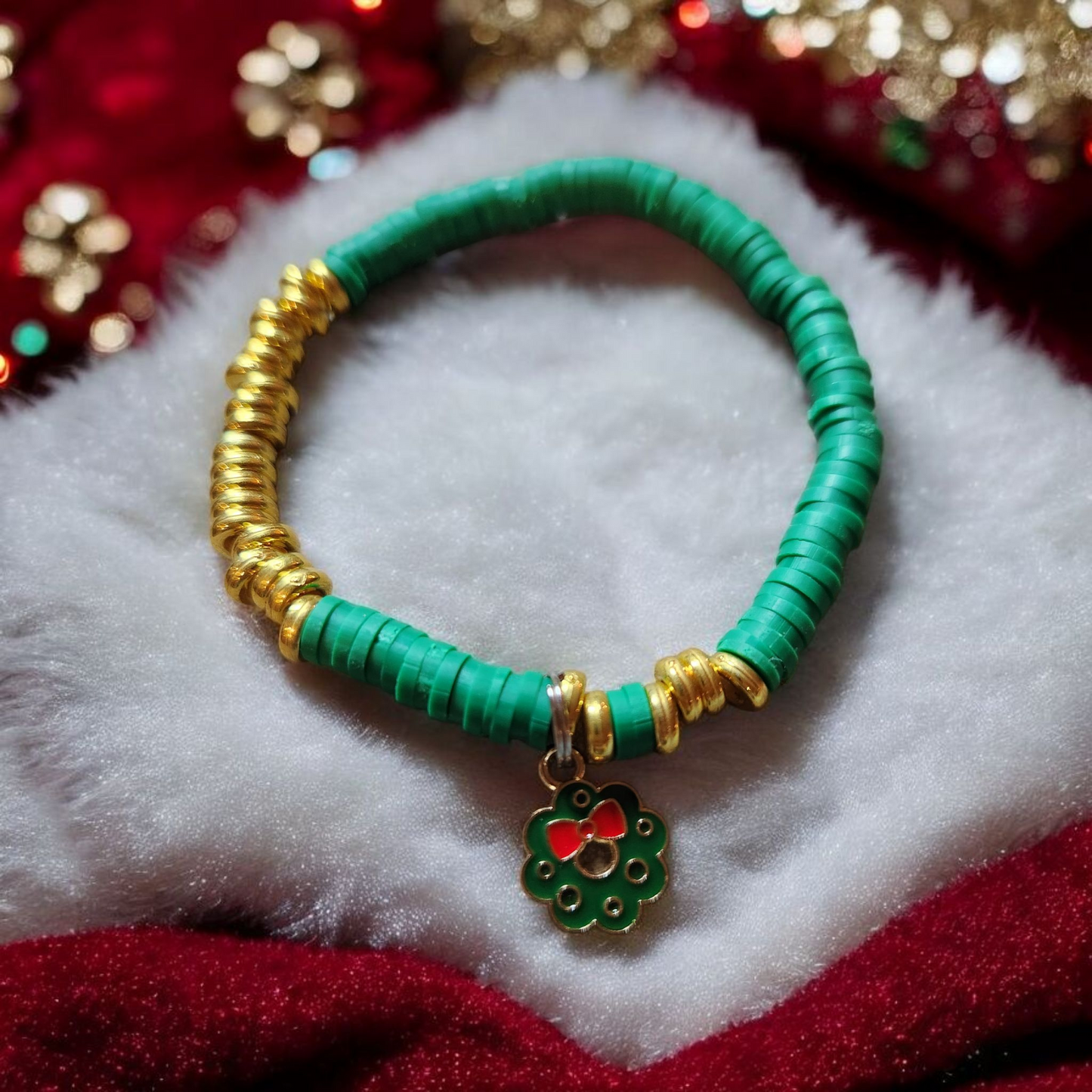 Green and Gold Christmas Wreath Charm Bracelet