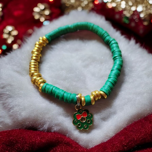 Green and Gold Christmas Wreath Charm Bracelet