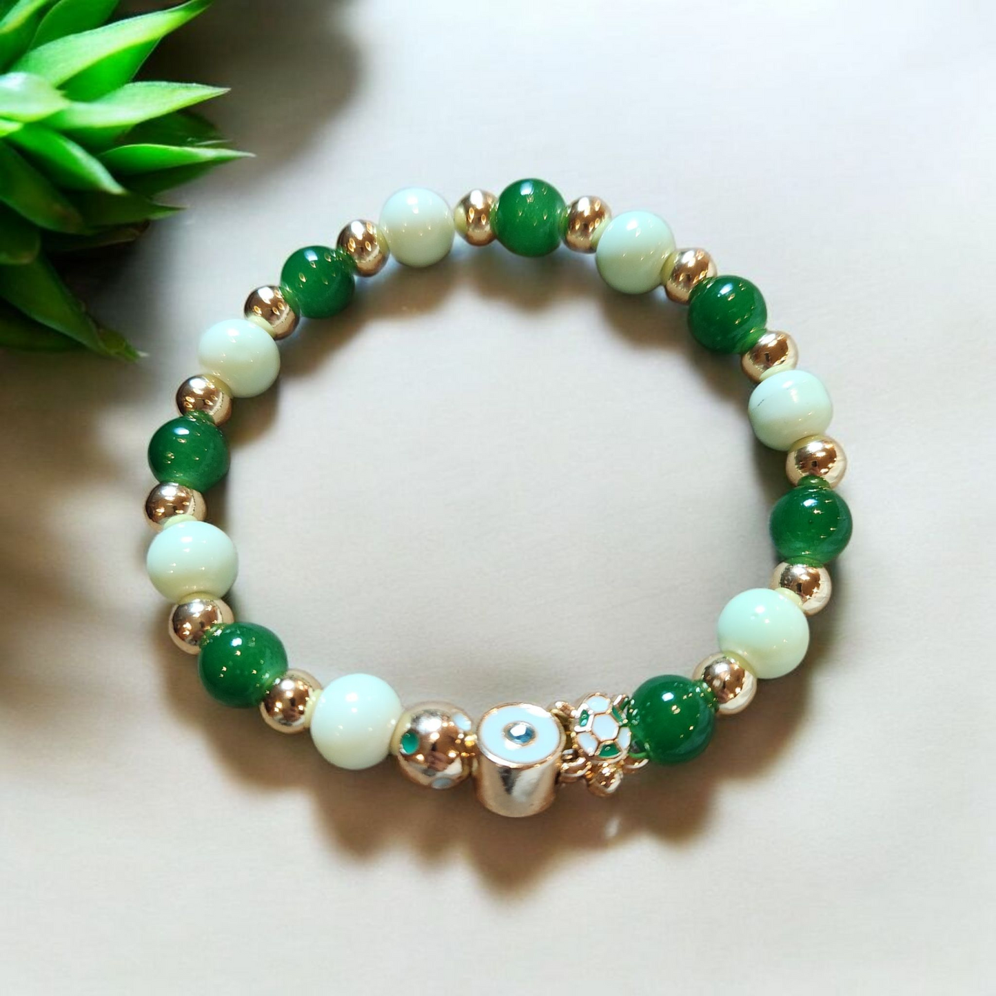 Green, White And Gold Turtle Charm Bracelet