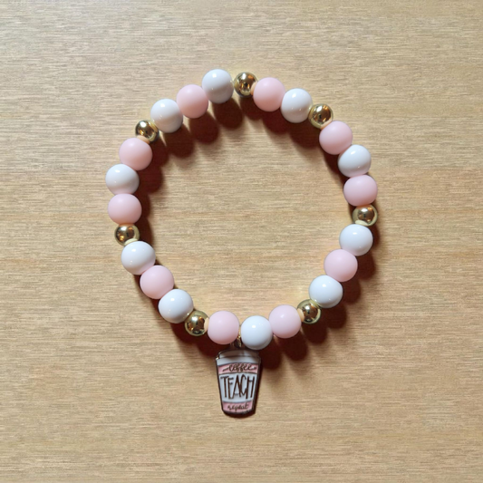 Pink And White Teacher Coffee Beaded Bracelet