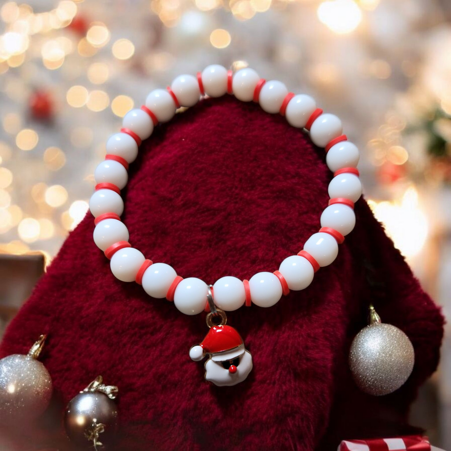 White And Red Beaded Bracelet with Santa Charm